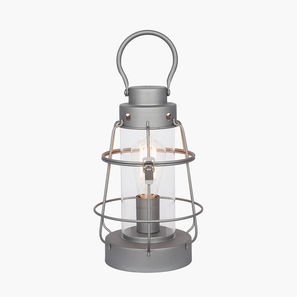 Filey Grey Metal and Clear Glass  Oil Lantern Table Lamp for sale - Woodcock and Cavendish