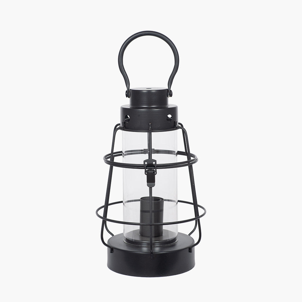 Filey Black Metal and Clear Glass Oil Lantern Table Lamp for sale - Woodcock and Cavendish