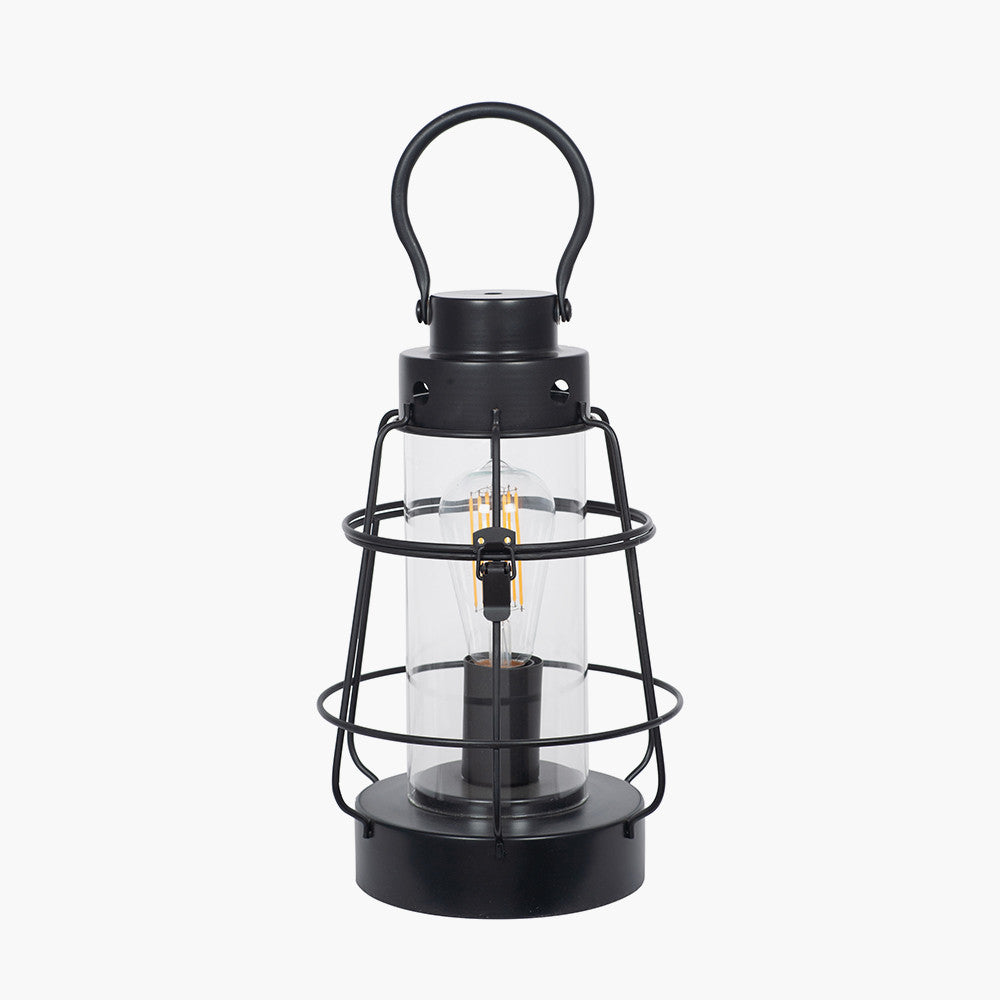 Filey Black Metal and Clear Glass Oil Lantern Table Lamp for sale - Woodcock and Cavendish