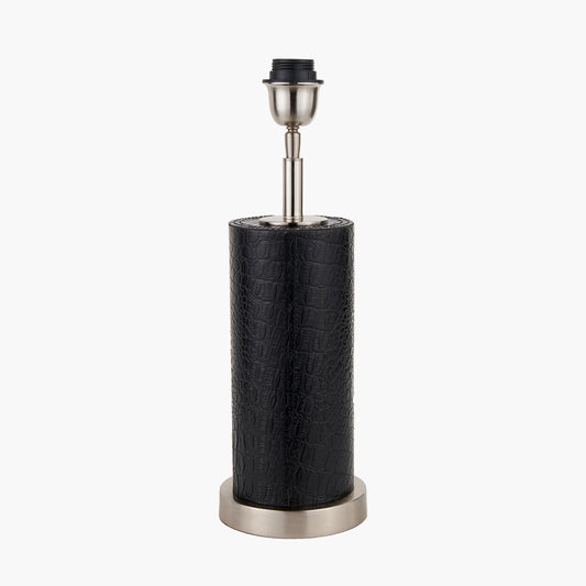 Black Croc Leather and Silver Cylindrical Table Lamp