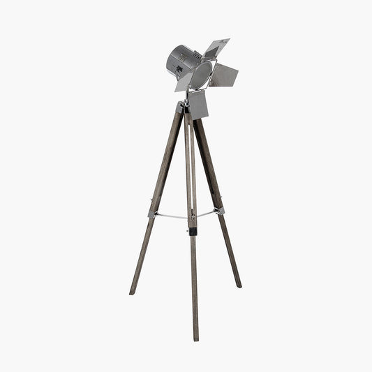 Hereford Grey Wood and Silver Metal Film Tripod Floor Lamp for sale - Woodcock and Cavendish
