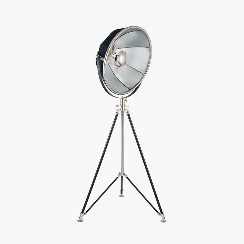 Elstree Black and Silver Metal Tripod Floor Lamp for sale - Woodcock and Cavendish