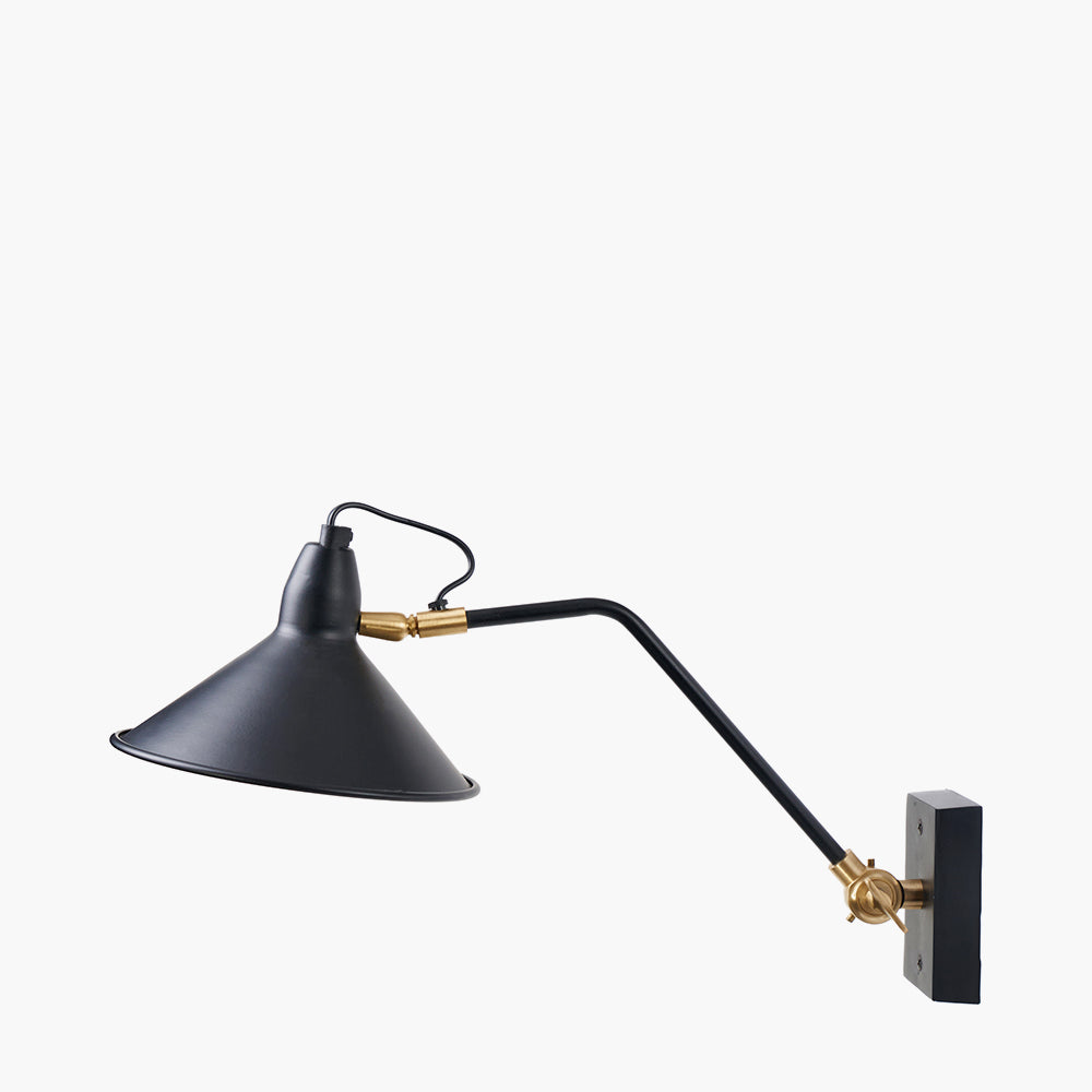 Canton Matt Black and Brass Metal Cone Wall Lamp for sale - Woodcock and Cavendish