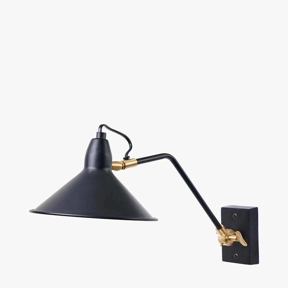 Canton Matt Black and Brass Metal Cone Wall Lamp for sale - Woodcock and Cavendish