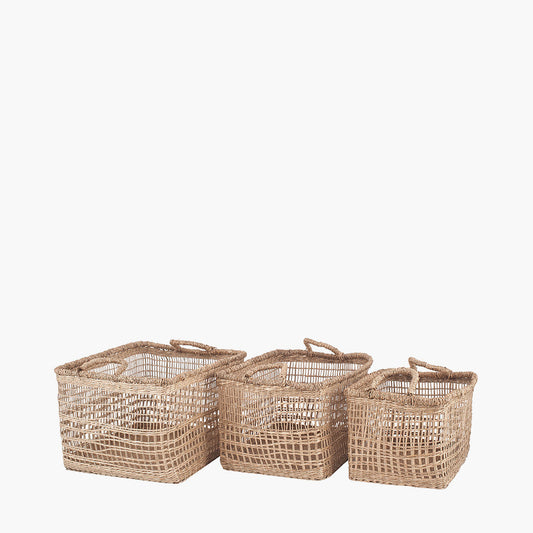 S/3 Open Weave Seagrass Rectangular Handled Baskets for sale - Woodcock and Cavendish