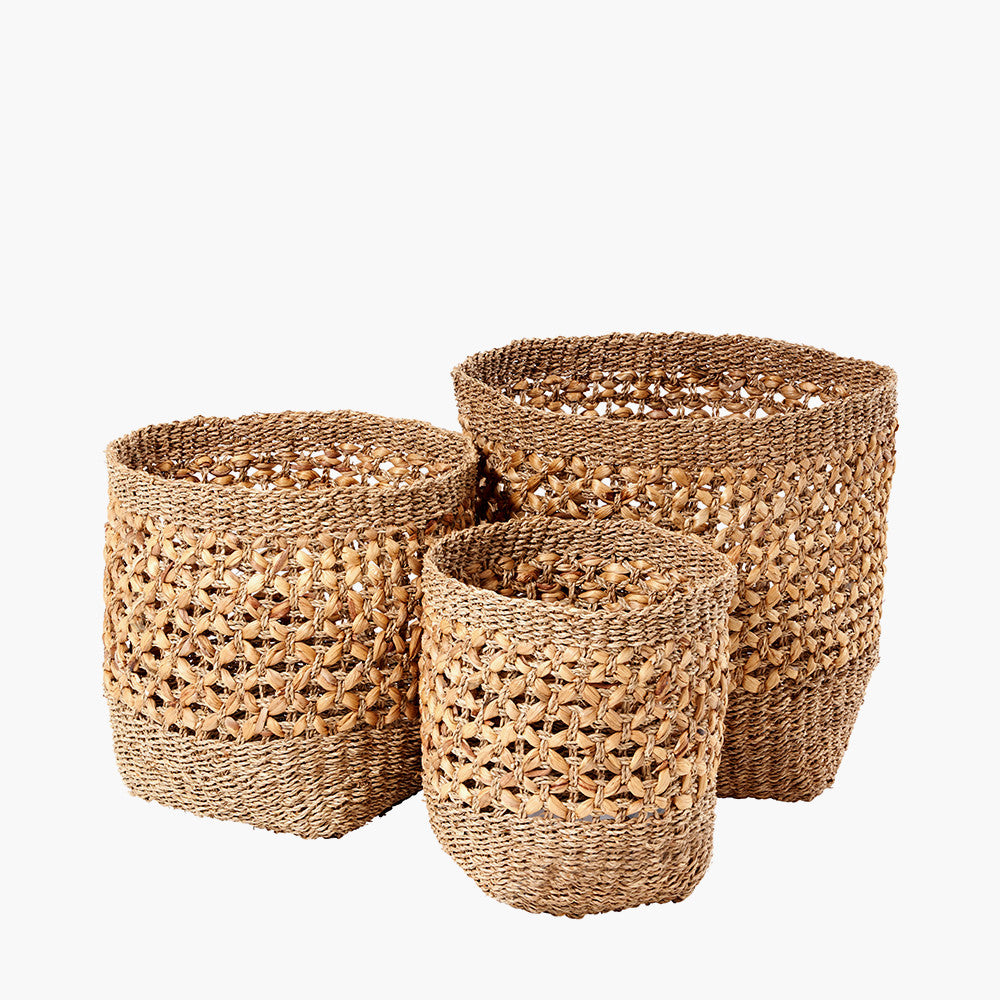 S/3 Woven Natural Seagrass and Water Hyacinth Tall Round Baskets for sale - Woodcock and Cavendish