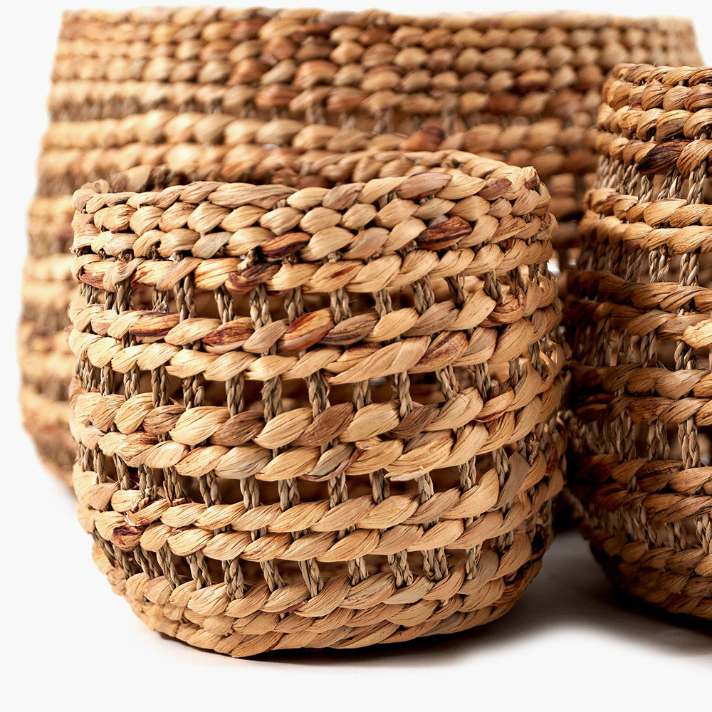 S/3 Woven Water Hyacinth Round Stripe Detail Baskets for sale - Woodcock and Cavendish