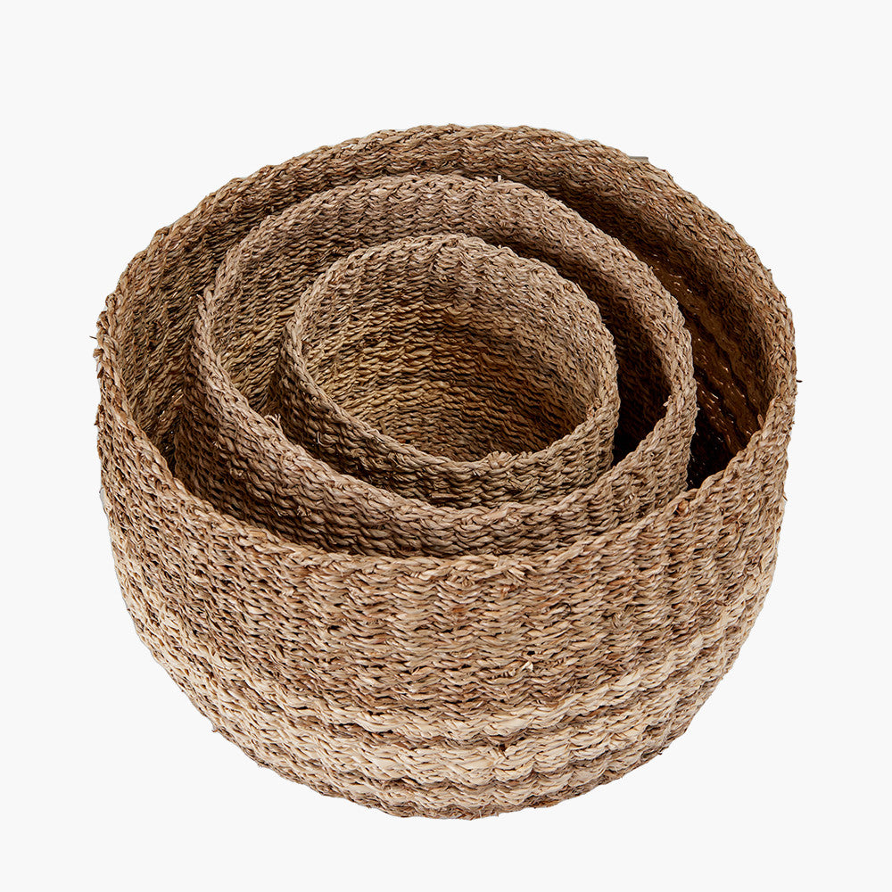 S/3 Woven 2-Tone Natural Seagrass and Palm Leaf Round Baskets for sale - Woodcock and Cavendish