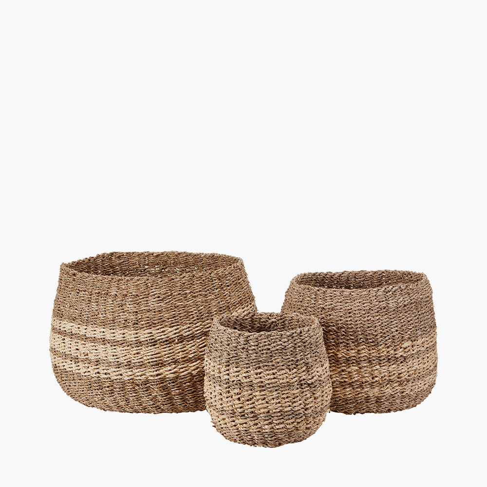 S/3 Woven 2-Tone Natural Seagrass and Palm Leaf Round Baskets for sale - Woodcock and Cavendish