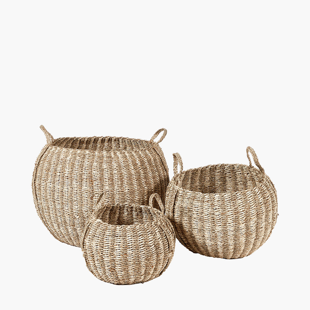 S/3 Woven Striped Natural Seagrass and Palm Leaf Round Baskets for sale - Woodcock and Cavendish
