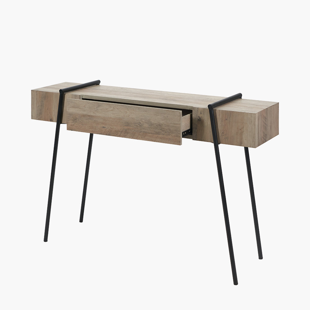 Osato Light Brown Wood Veneer and Black Metal 1 Drawer Console Table