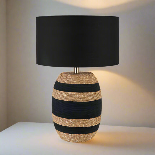 Black and Natural Seagrass Tall Table Lamp – 40cm Black Linen Drum Shade