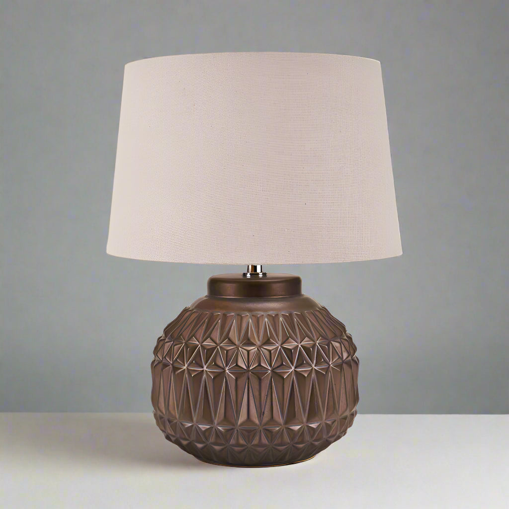 Bronze Aztec Textured Ceramic Table Lamp with Neutral Shade – 40cm