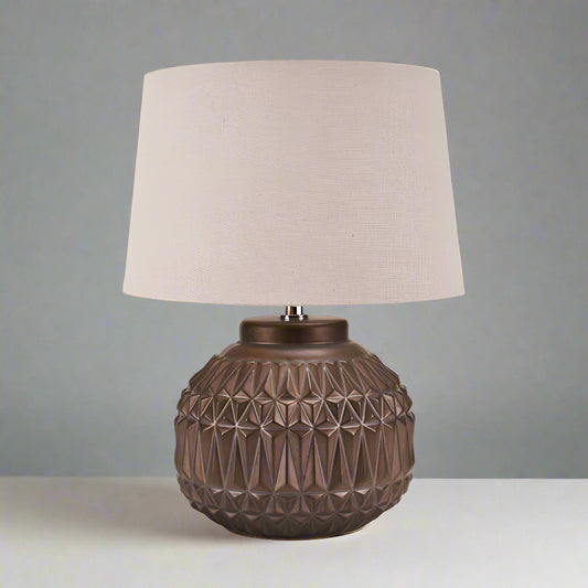 Bronze Aztec Textured Ceramic Table Lamp with Neutral Shade – 40cm