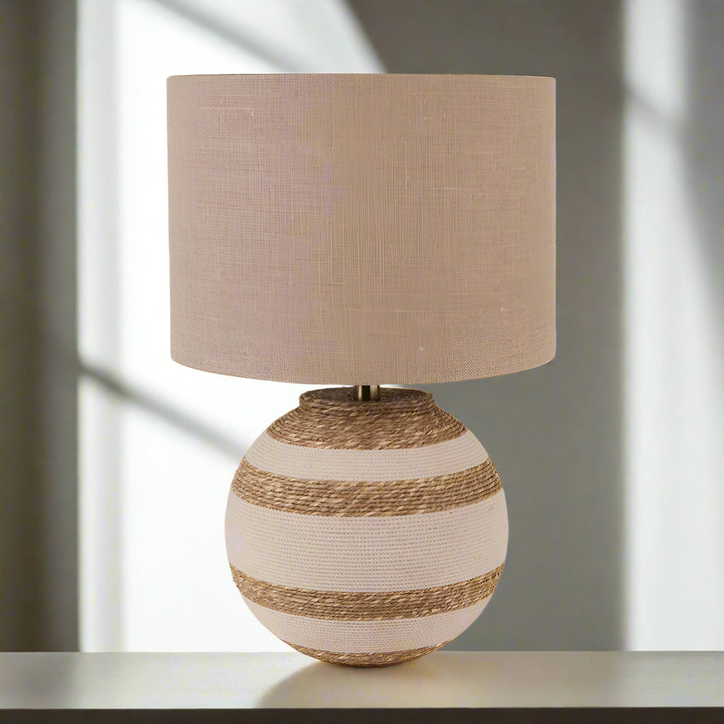 Cream and Natural Seagrass Round Table Lamp – 35cm Natural Linen Shade
