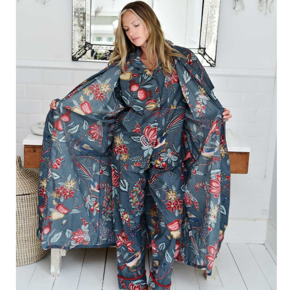 Grey Fruit Bird Dressing Gown for sale - Woodcock and Cavendish
