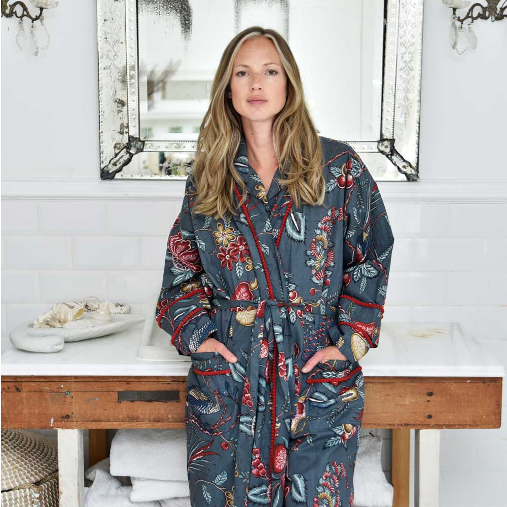 Grey Fruit Bird Dressing Gown for sale - Woodcock and Cavendish