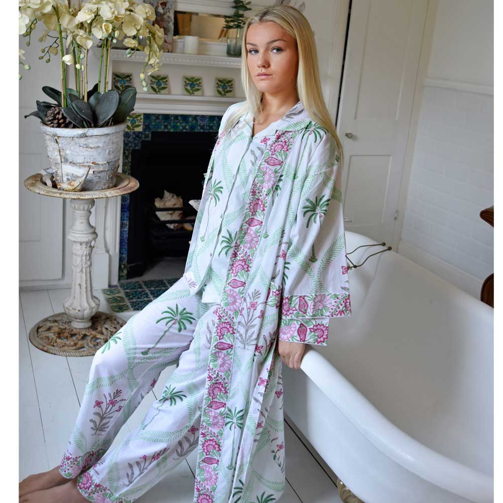 Floral Pink Palm Dressing Gown for sale - Woodcock and Cavendish