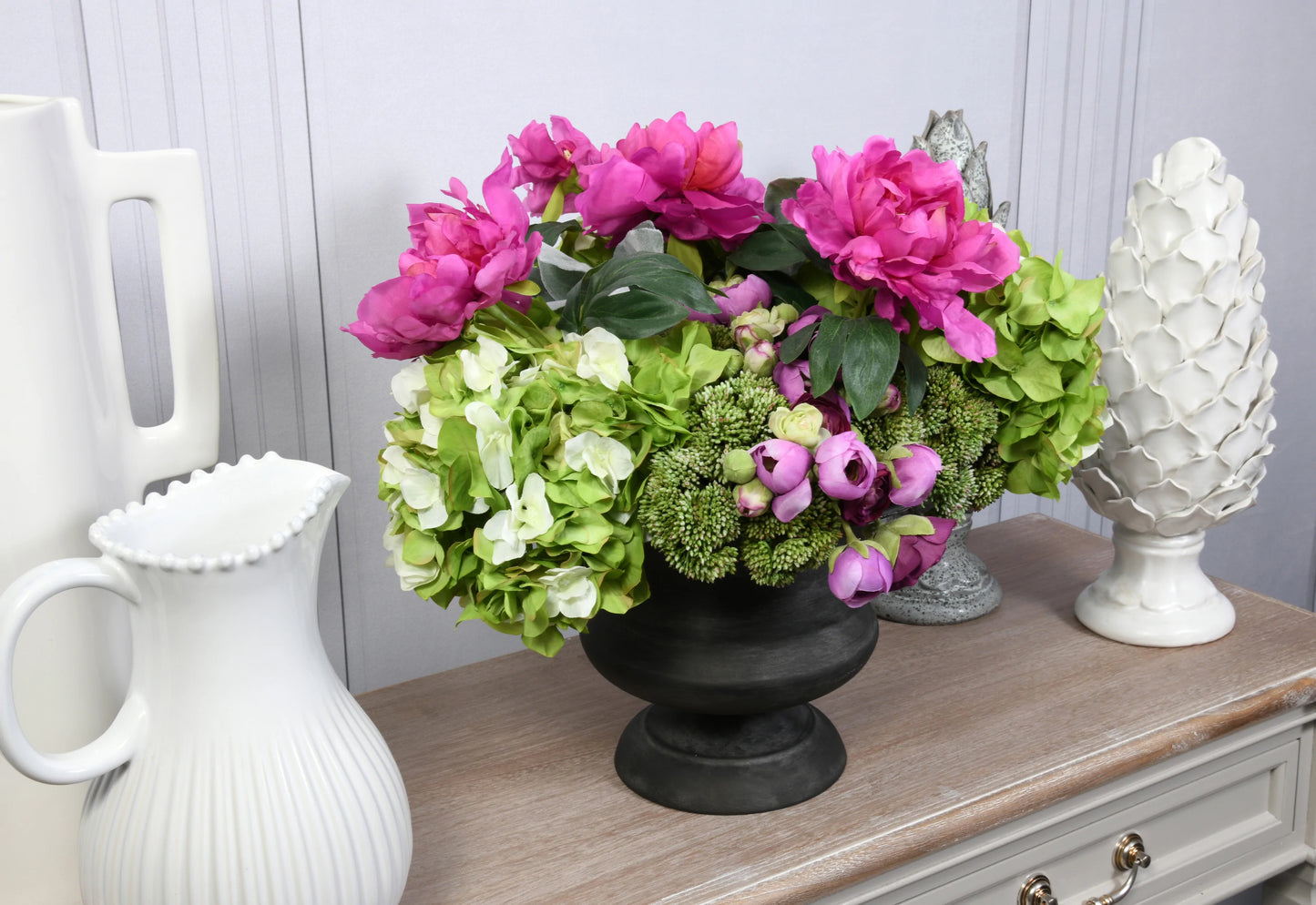 Hydrangea & Sedum Floral Arrangement for sale - Woodcock and Cavendish