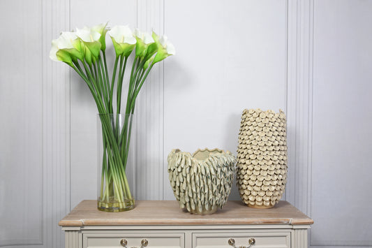 Bright White Calla Lilies in Glass Column Vase for sale - Woodcock and Cavendish