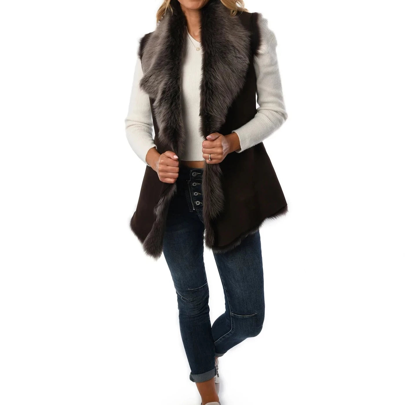 Women's Brown with Grey Toscana Sheepskin Gilet for sale - Woodcock and Cavendish