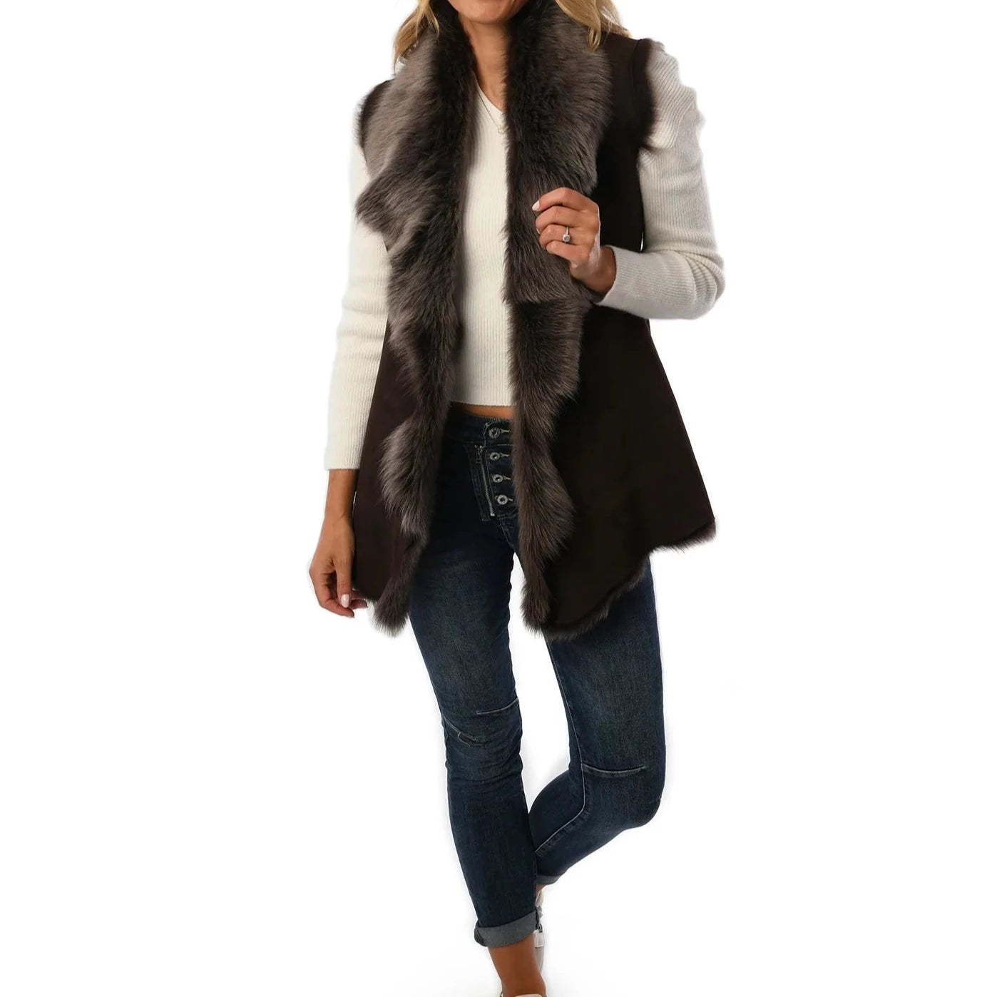 Women's Brown with Grey Toscana Sheepskin Gilet for sale - Woodcock and Cavendish