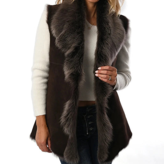 Women's Brown with Grey Toscana Sheepskin Gilet for sale - Woodcock and Cavendish