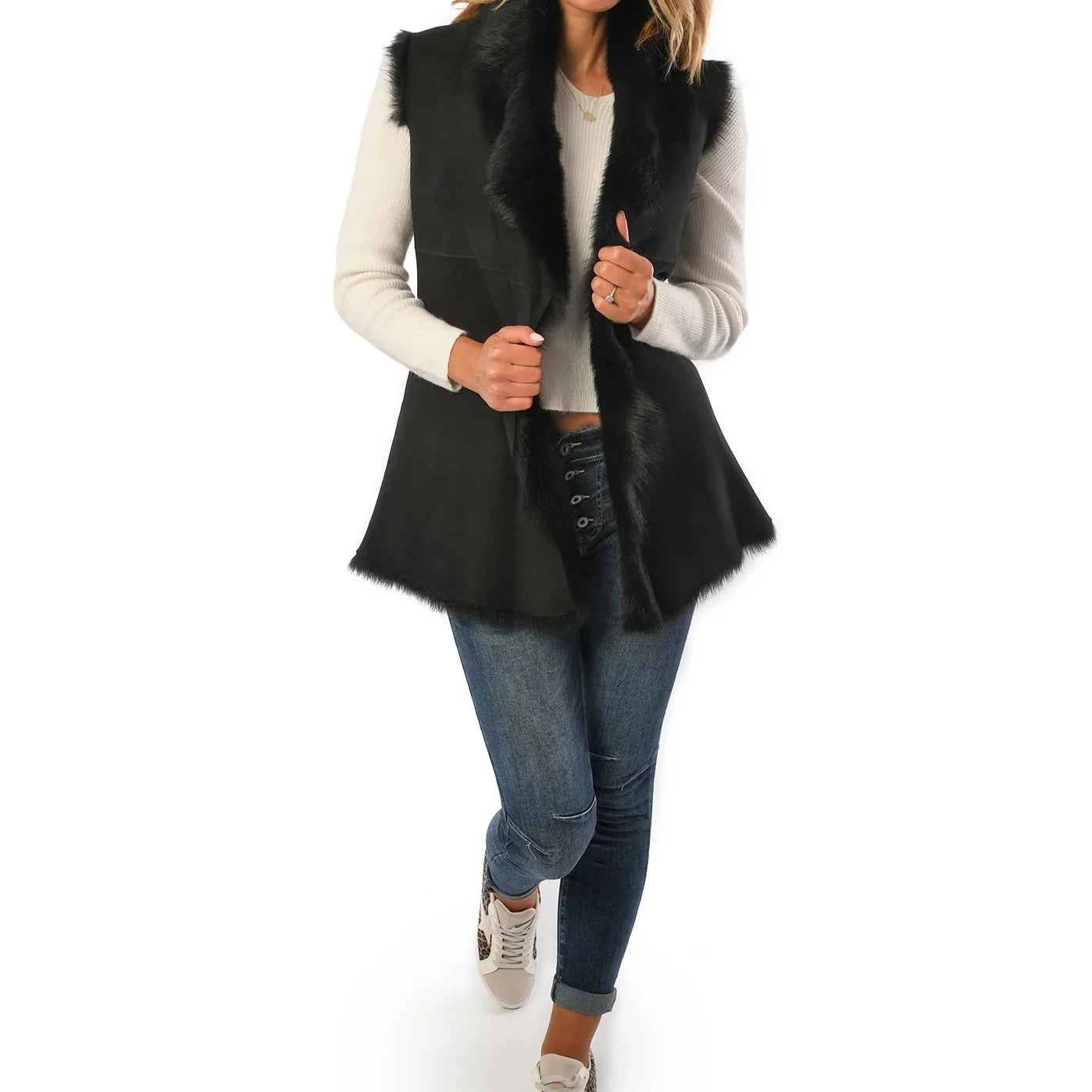 Women's Black Toscana Shearling Leather Sheepskin Gilet for sale - Woodcock and Cavendish