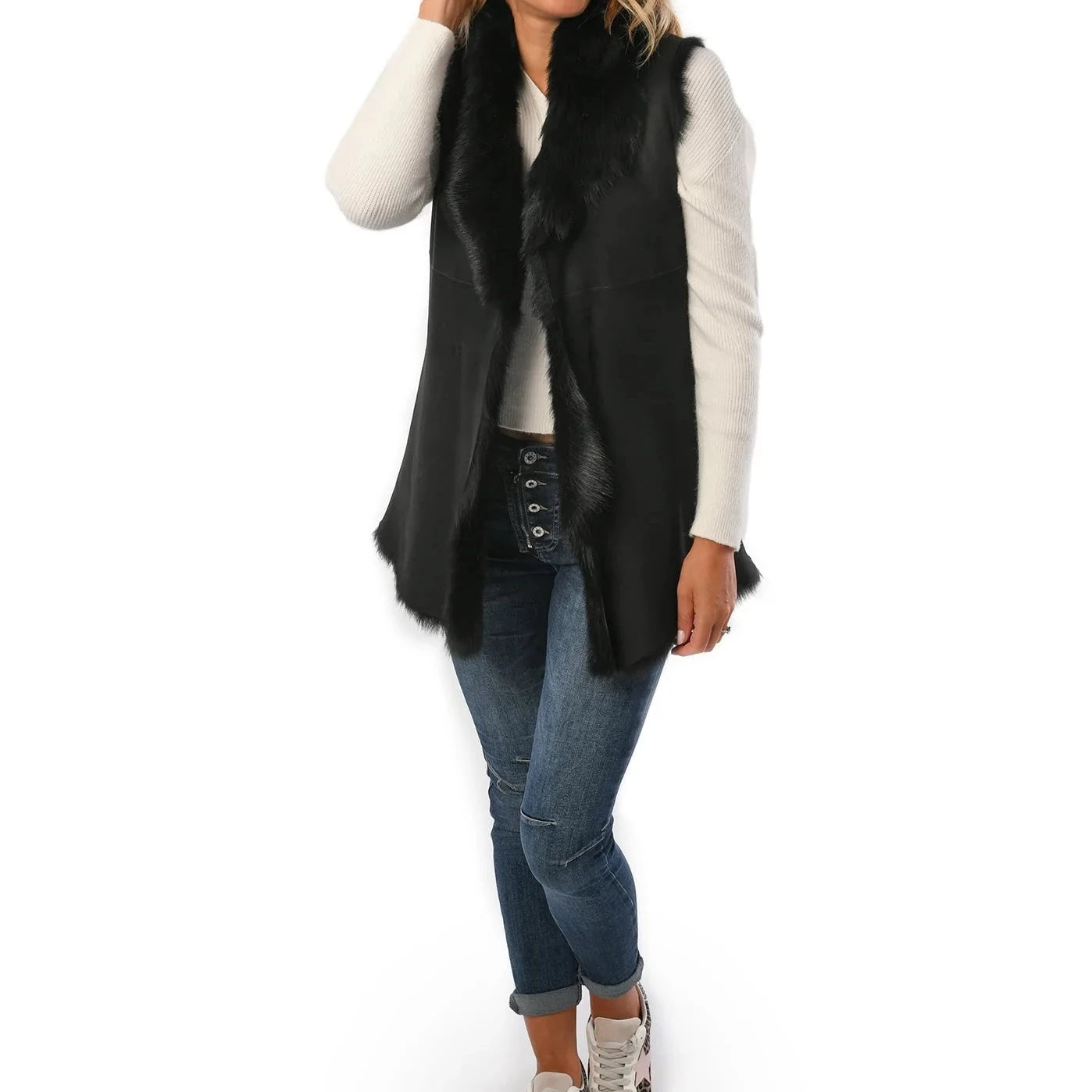 Women's Black Toscana Shearling Leather Sheepskin Gilet for sale - Woodcock and Cavendish