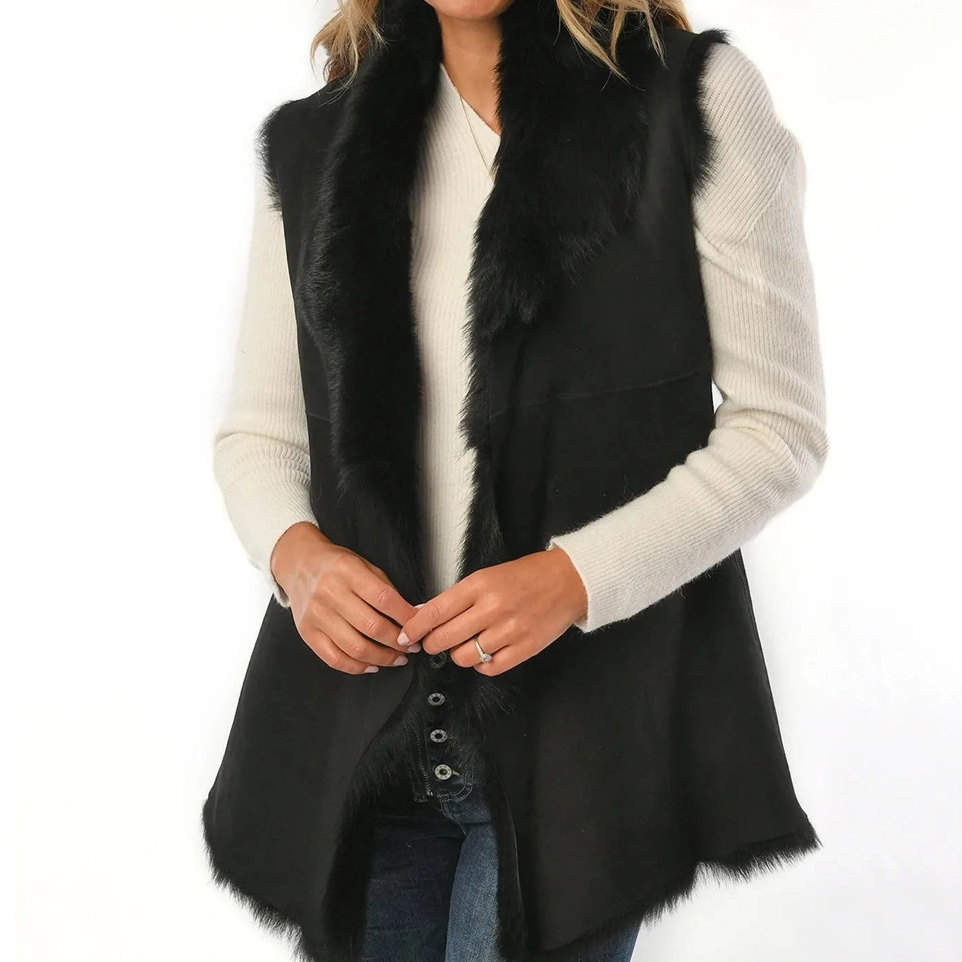 Women's Black Toscana Shearling Leather Sheepskin Gilet for sale - Woodcock and Cavendish