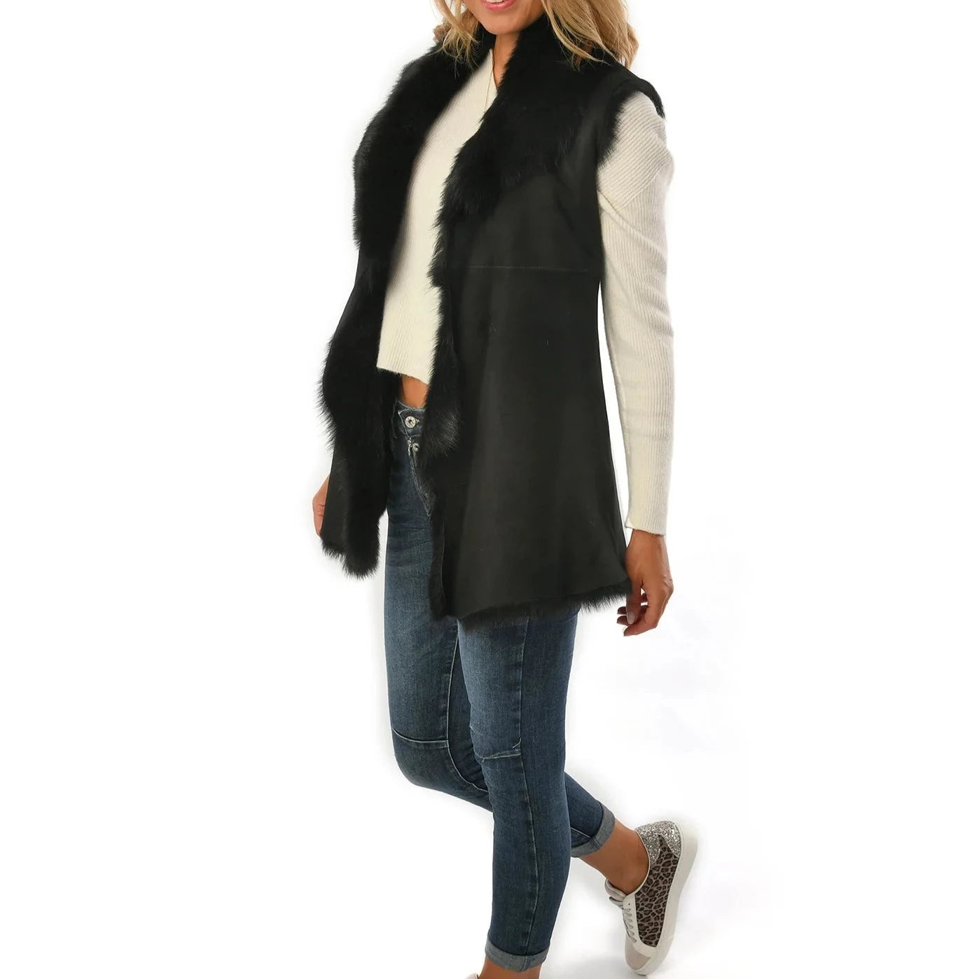 Women's Black Toscana Shearling Leather Sheepskin Gilet for sale - Woodcock and Cavendish