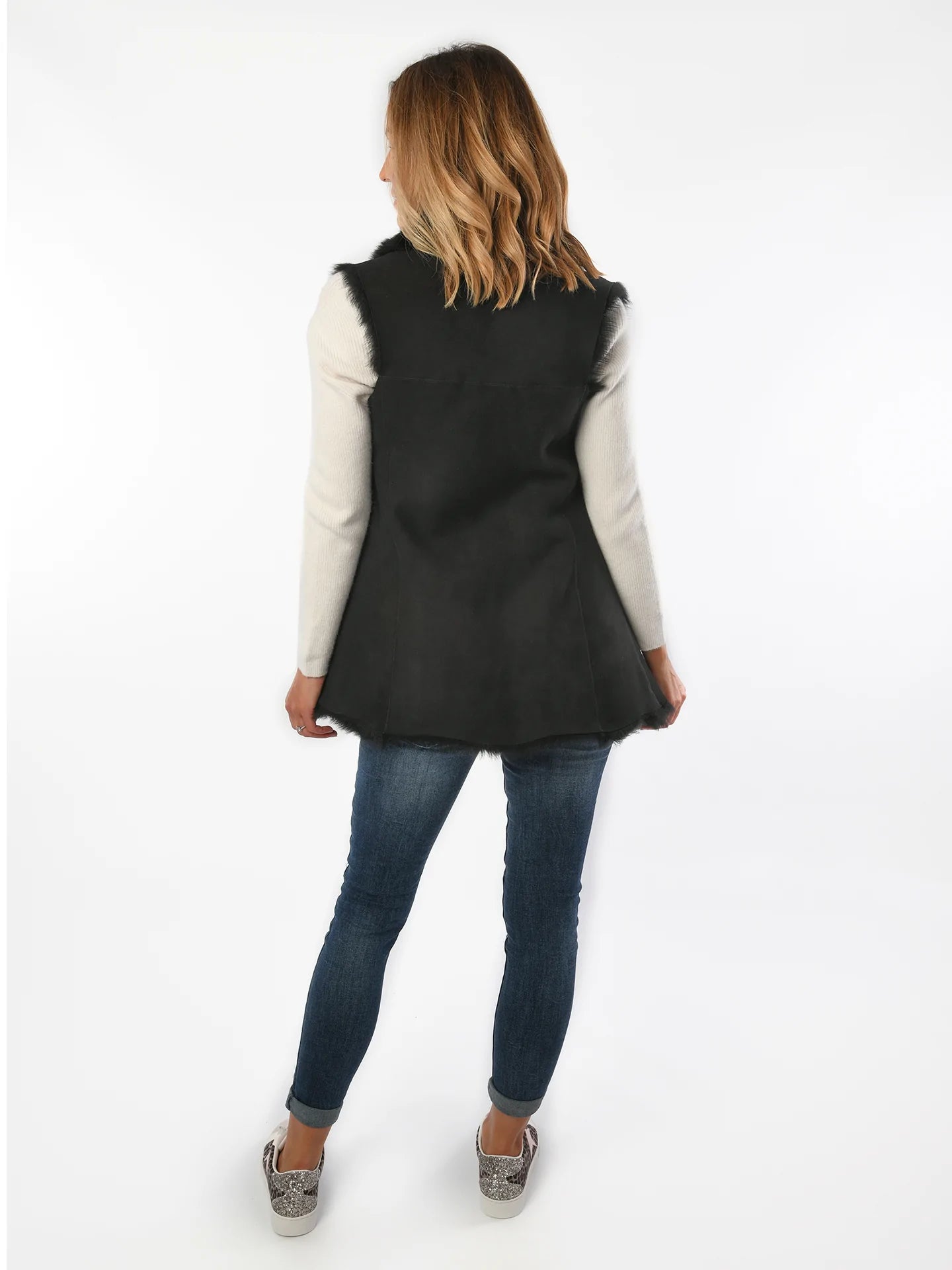 Women's Black Toscana Shearling Leather Sheepskin Gilet for sale - Woodcock and Cavendish