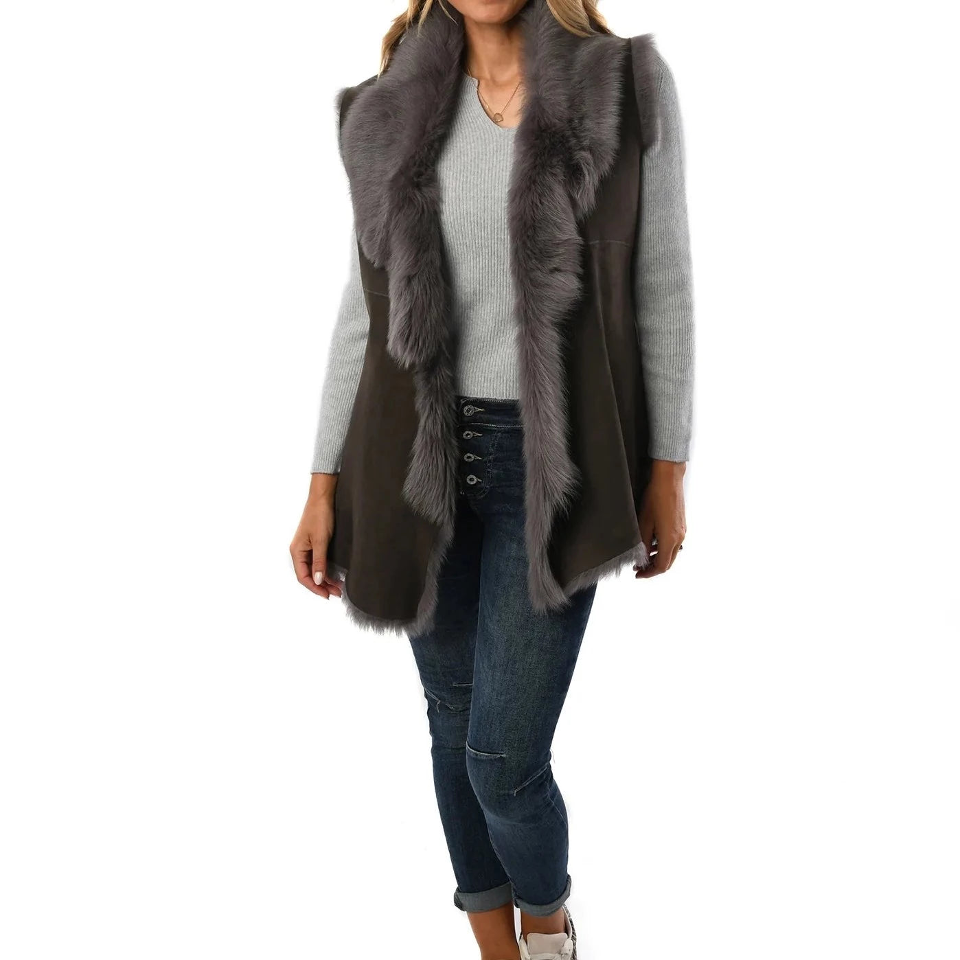 Women's Brown with Grey Toscana Sheepskin Gilet for sale - Woodcock and Cavendish