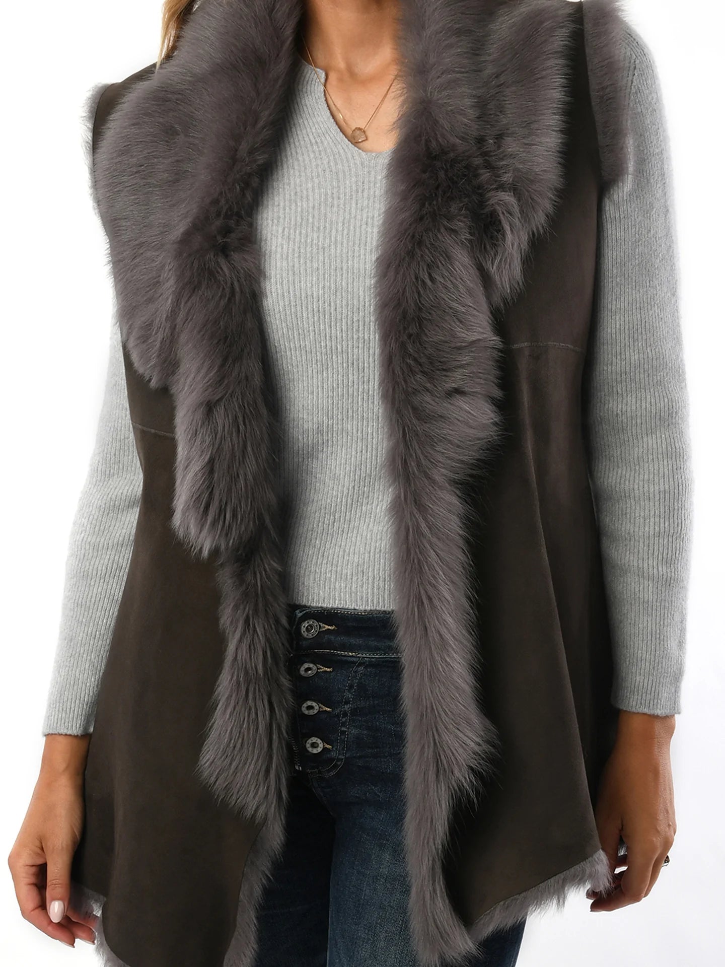 Women's Brown with Grey Toscana Sheepskin Gilet for sale - Woodcock and Cavendish