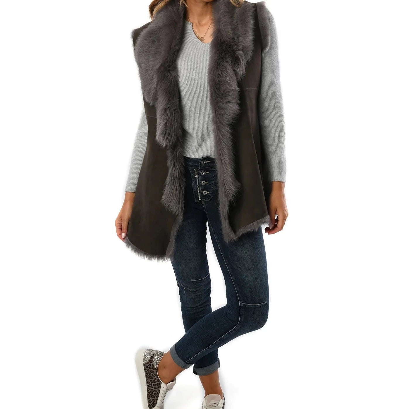 Women's Brown with Grey Toscana Sheepskin Gilet for sale - Woodcock and Cavendish