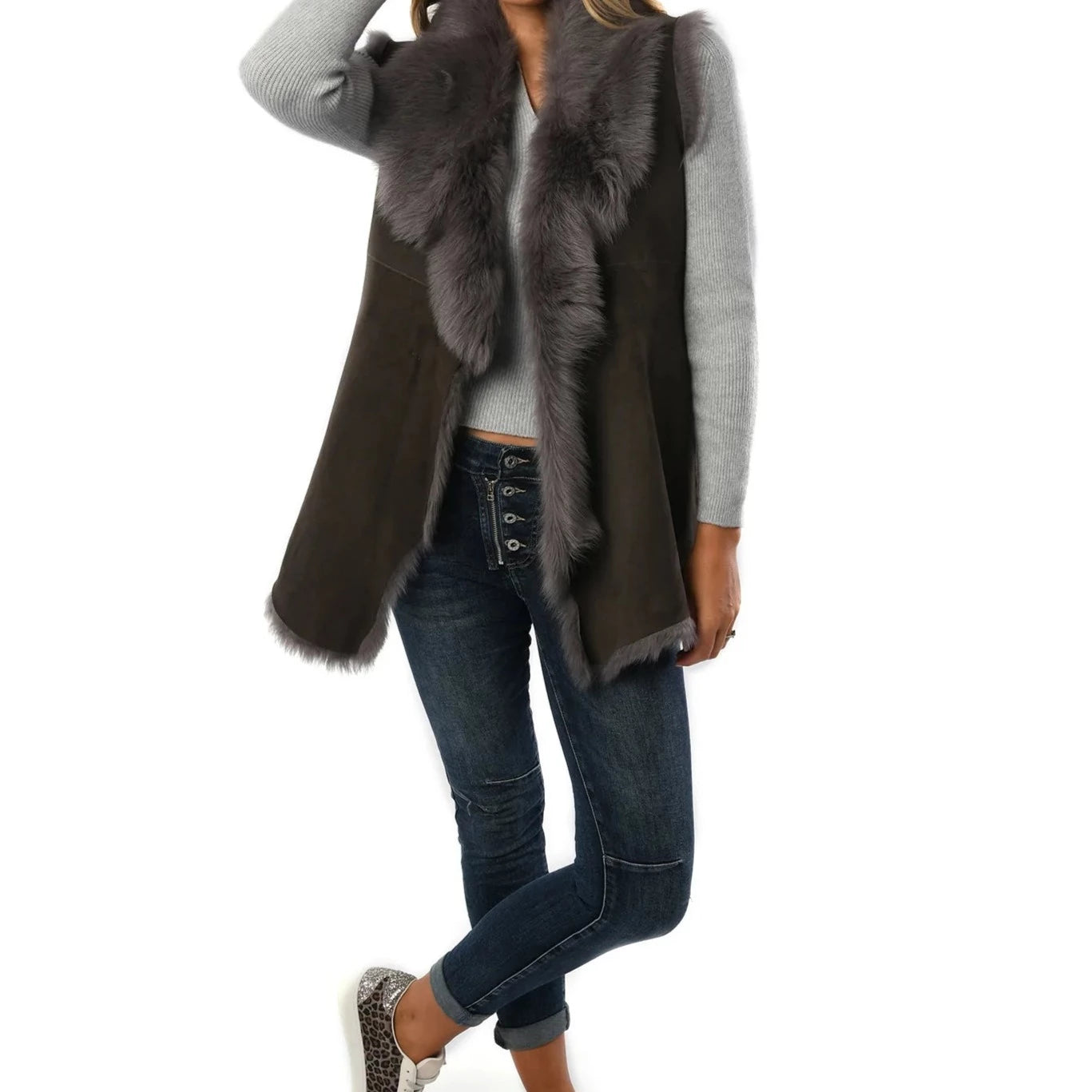 Women's Brown with Grey Toscana Sheepskin Gilet for sale - Woodcock and Cavendish
