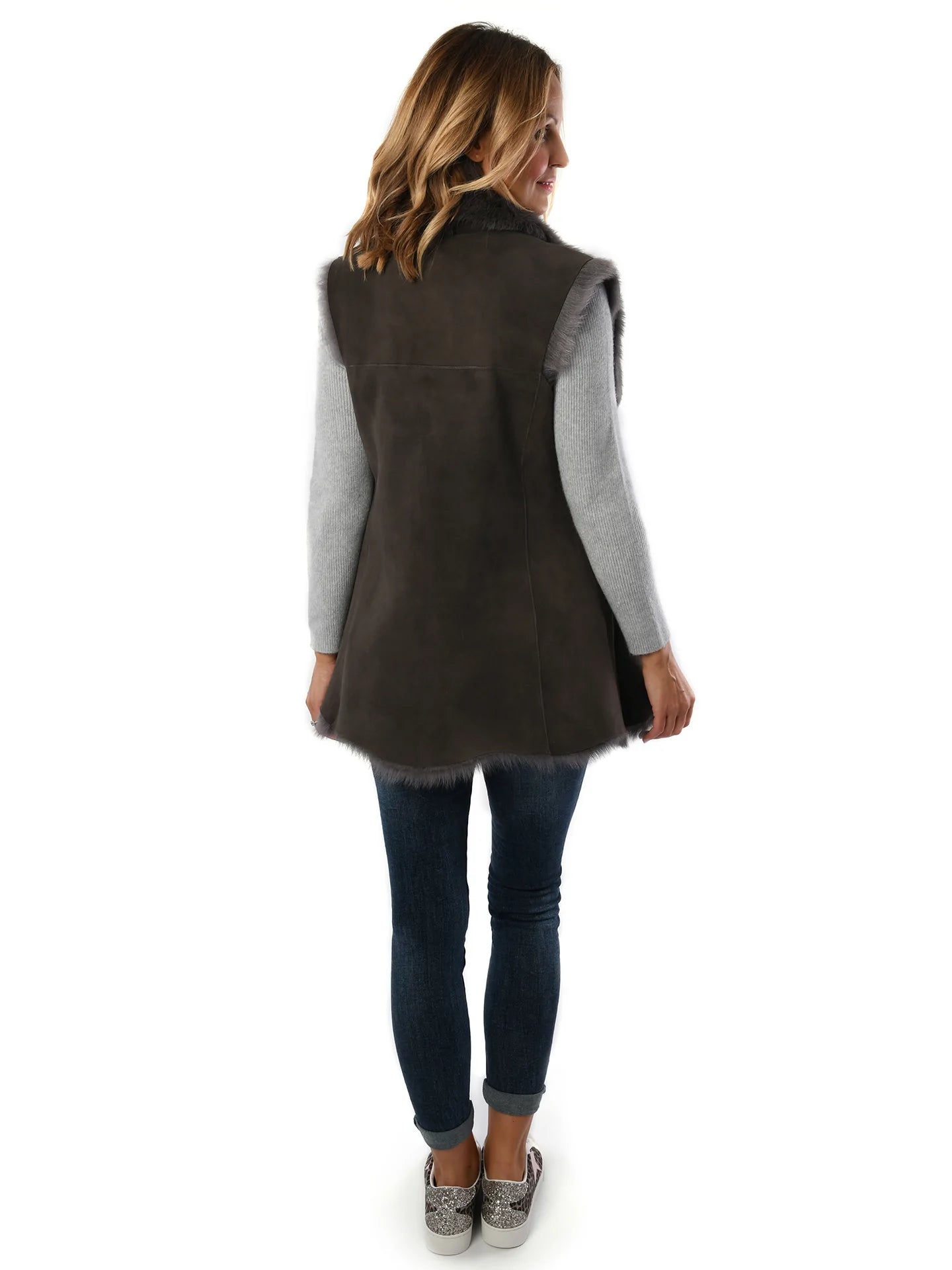 Women's Brown with Grey Toscana Sheepskin Gilet for sale - Woodcock and Cavendish