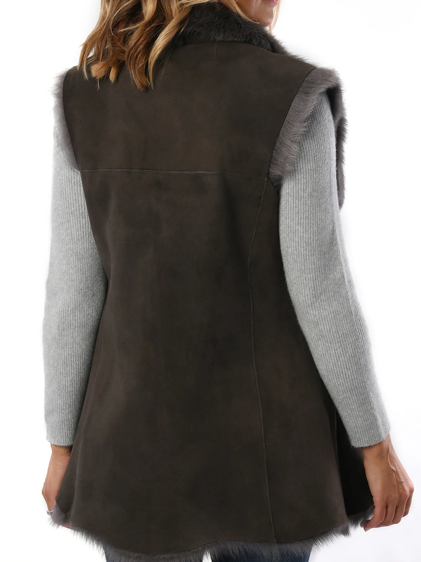 Women's Brown with Grey Toscana Sheepskin Gilet for sale - Woodcock and Cavendish