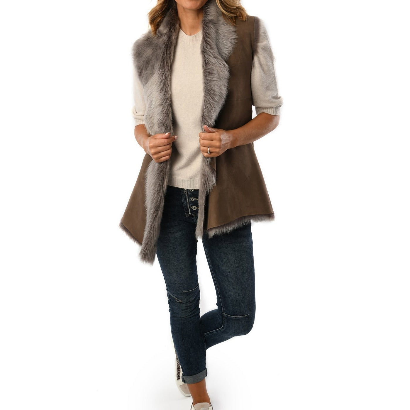 Taupe Ladies Toscana Sheepskin  Gilet for sale - Woodcock and Cavendish