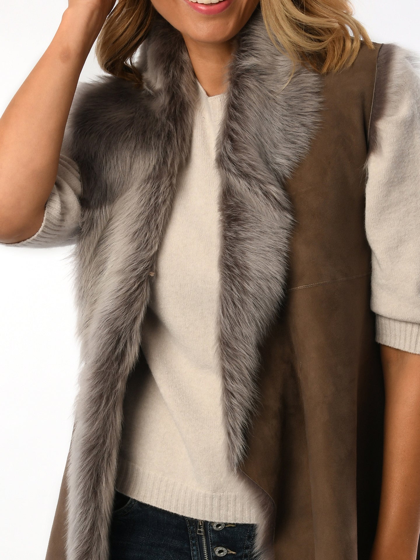 Taupe Ladies Toscana Sheepskin  Gilet for sale - Woodcock and Cavendish