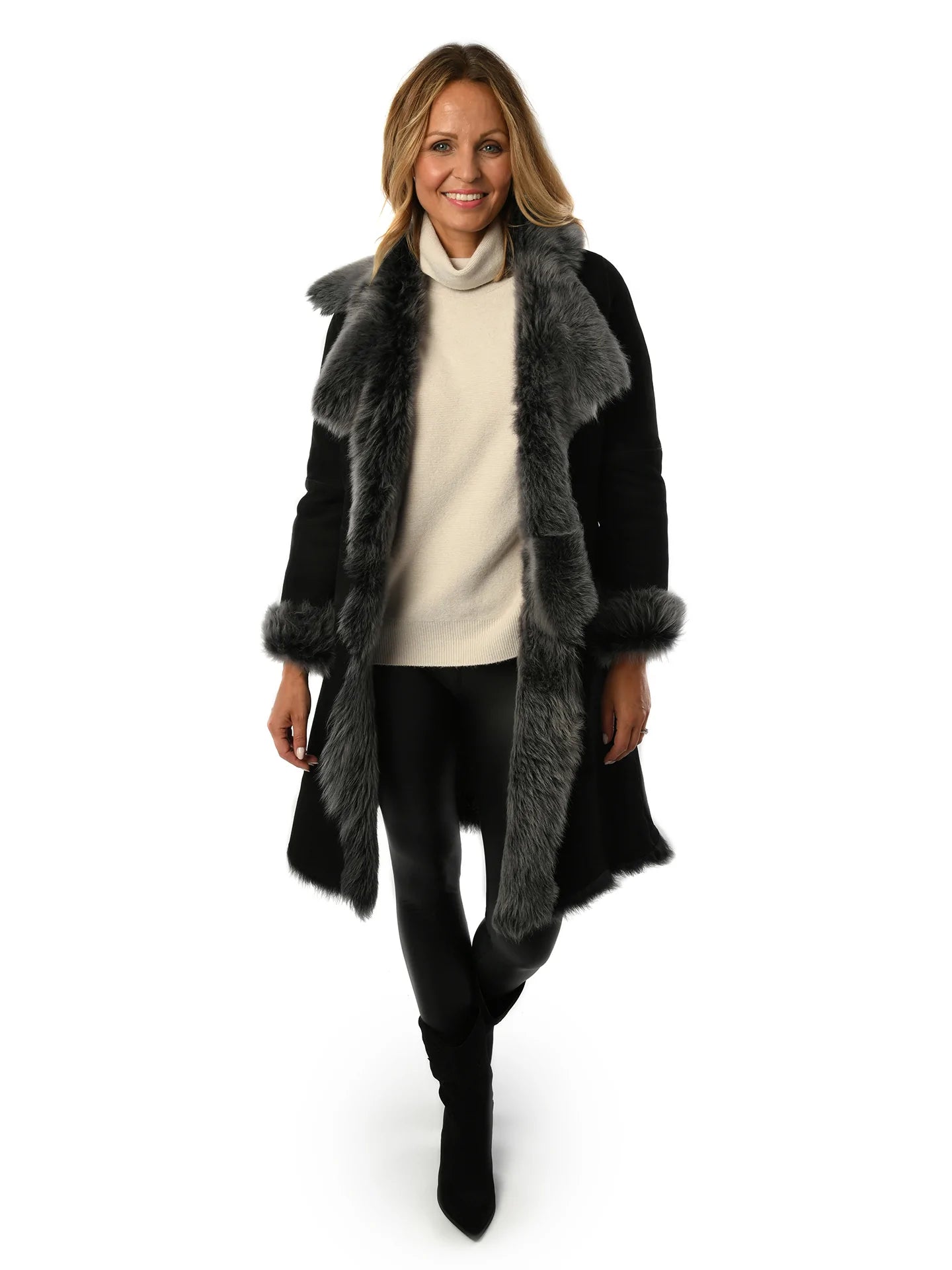 Black with Grey Ladies Women's Toscana Sheepskin Suede Coat for sale - Woodcock and Cavendish