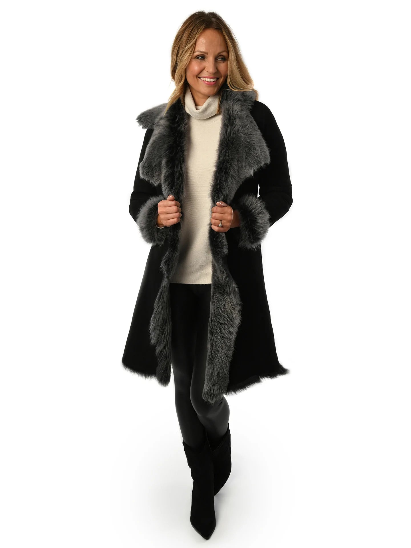 Black with Grey Ladies Women's Toscana Sheepskin Suede Coat for sale - Woodcock and Cavendish