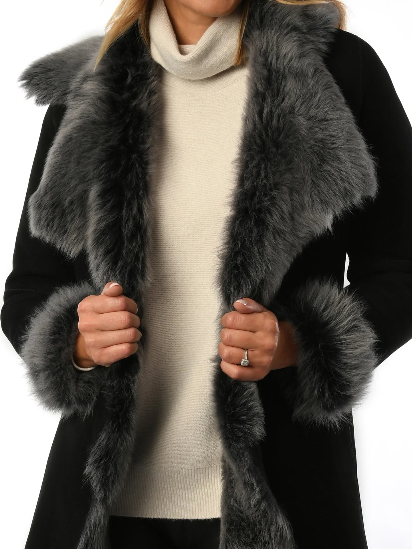 Black with Grey Ladies Women's Toscana Sheepskin Suede Coat for sale - Woodcock and Cavendish