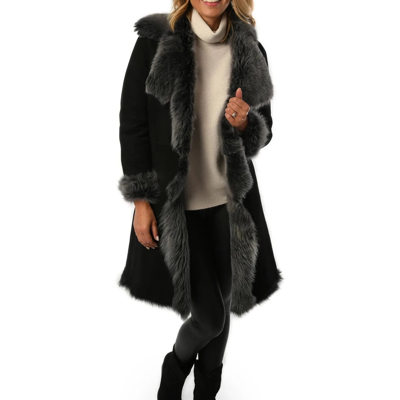 Black with Grey Ladies Women's Toscana Sheepskin Suede Coat for sale - Woodcock and Cavendish