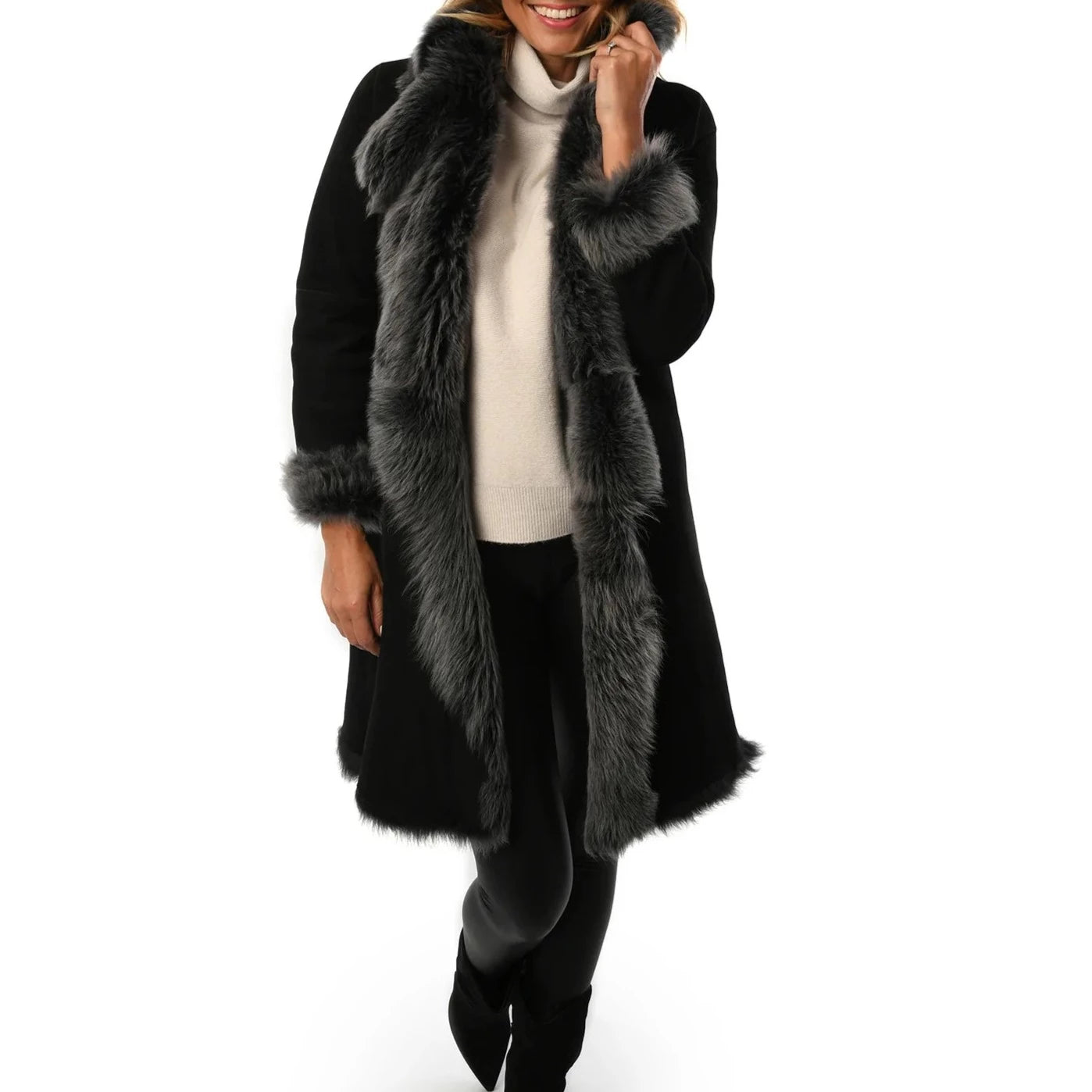 Black with Grey Ladies Women's Toscana Sheepskin Suede Coat for sale - Woodcock and Cavendish