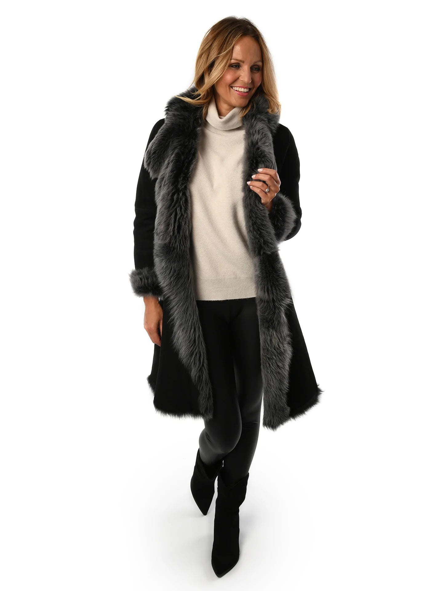 Black with Grey Ladies Women's Toscana Sheepskin Suede Coat for sale - Woodcock and Cavendish