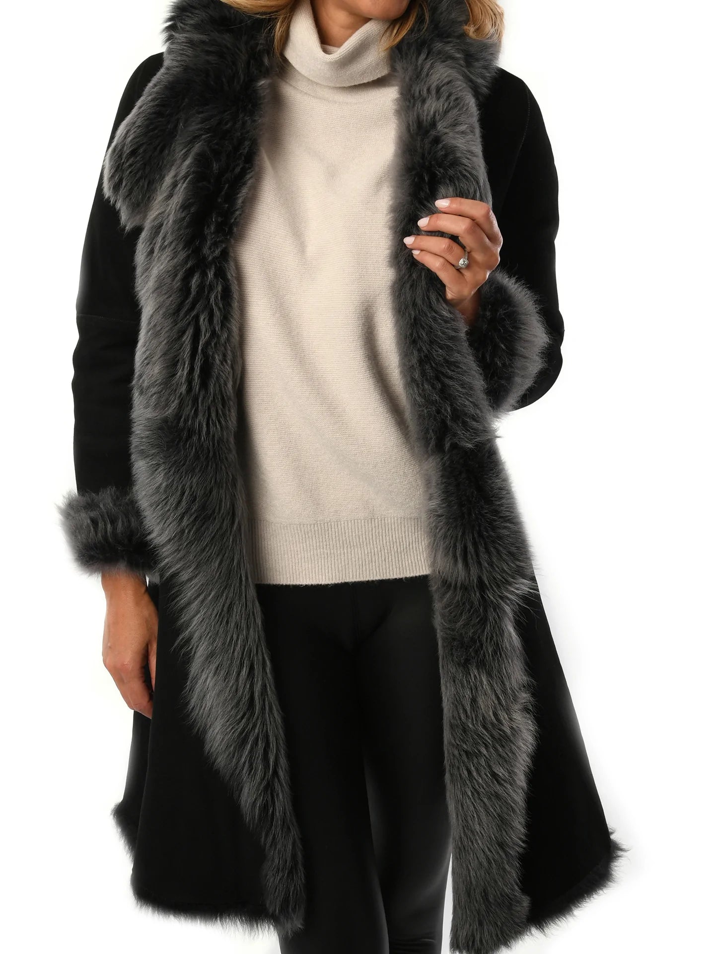 Black with Grey Ladies Women's Toscana Sheepskin Suede Coat for sale - Woodcock and Cavendish