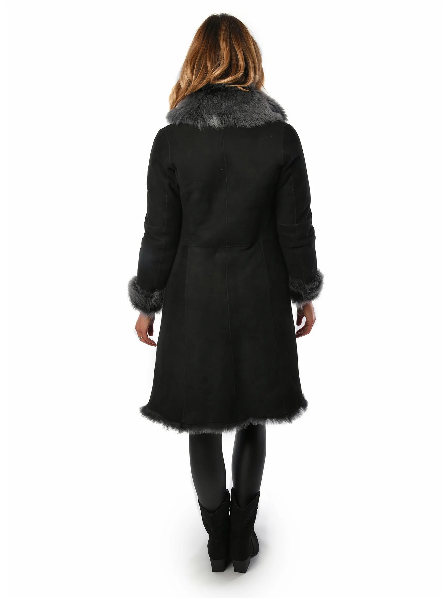 Black with Grey Ladies Women's Toscana Sheepskin Suede Coat for sale - Woodcock and Cavendish