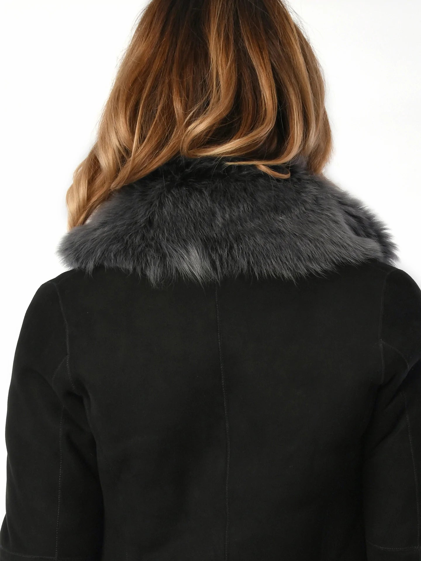 Black with Grey Ladies Women's Toscana Sheepskin Suede Coat for sale - Woodcock and Cavendish