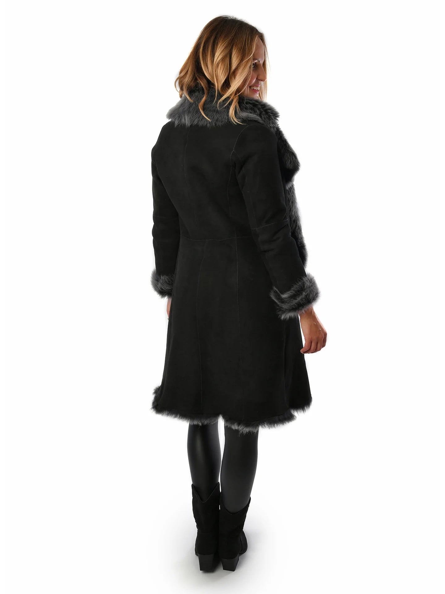 Black with Grey Ladies Women's Toscana Sheepskin Suede Coat for sale - Woodcock and Cavendish